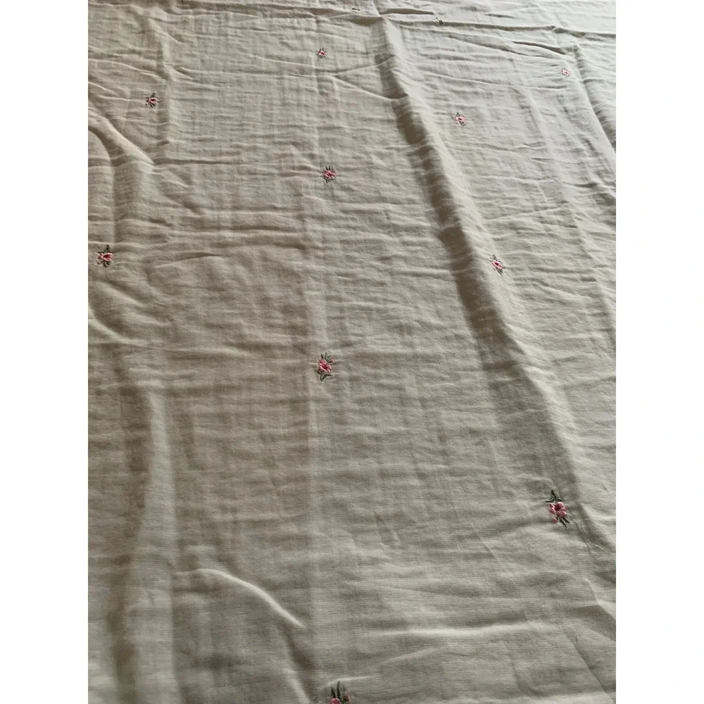 White Cotton Floral Embroidered Shower Curtain Pink Rosebud Cottagecore 70x75